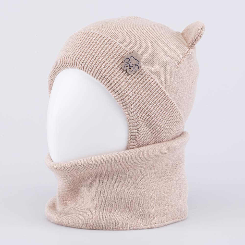 07704002-40 Теплый комплект шапка на завязках+снуд бежевый, все фото 2