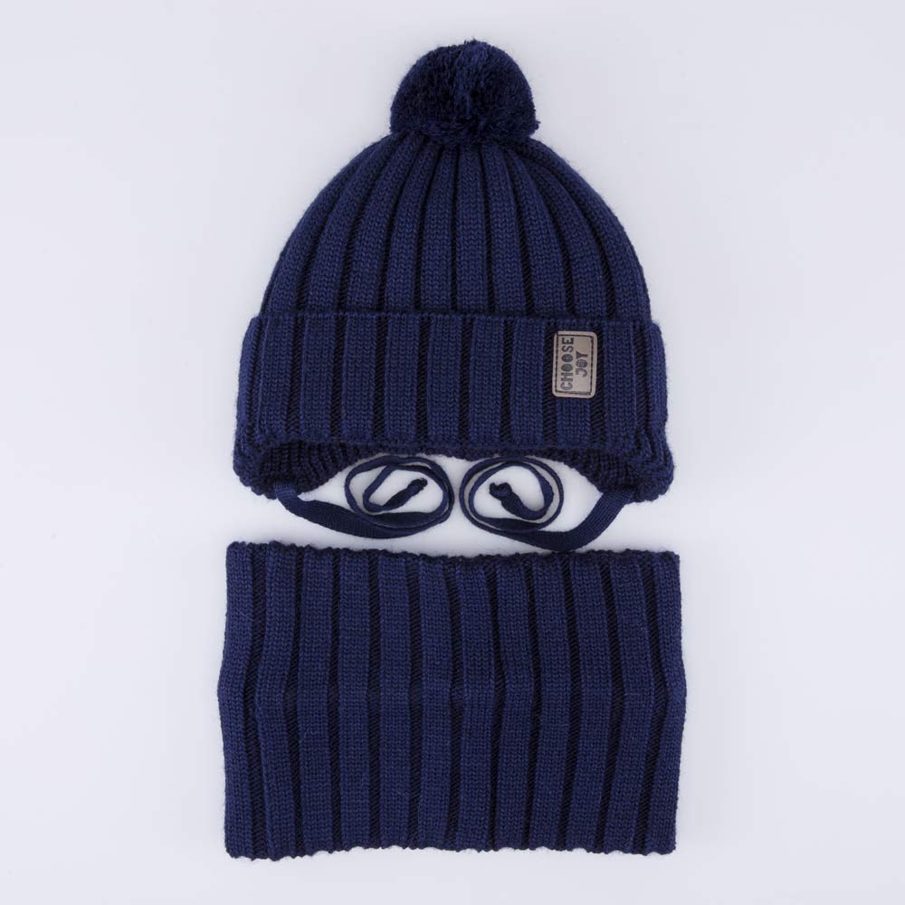 07704005-40 Теплый комплект шапка на завязках+снуд темно-синий, все фото 1