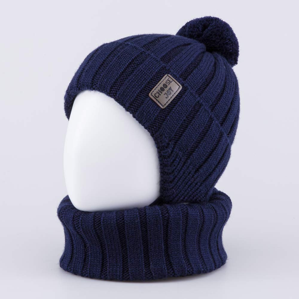 07704005-40 Теплый комплект шапка на завязках+снуд темно-синий, все фото 2