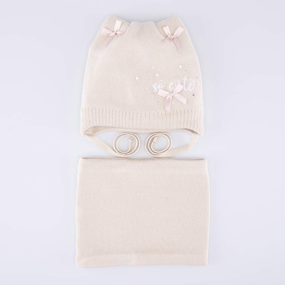 07811441-41 Теплый комплект шапка на завязках+снуд светло-бежевый, все фото 1