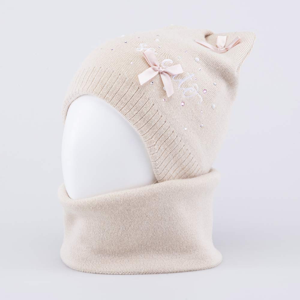 07811441-41 Теплый комплект шапка на завязках+снуд светло-бежевый, все фото 2