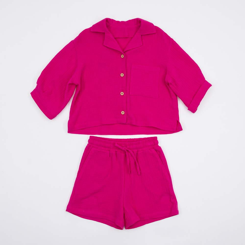 07864077-44 Костюм муслиновый рубашка + шорты розовый, все фото 1