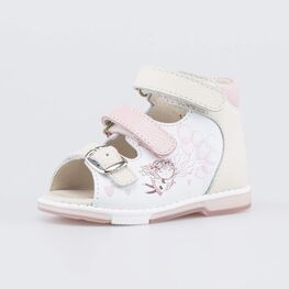 022162-28 Кожаные сандалии для девочки Первые шаги для девочки белый,бежевый,розовый