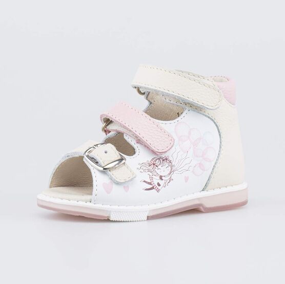 022162-28 Кожаные сандалии для девочки Первые шаги для девочки белый,бежевый,розовый