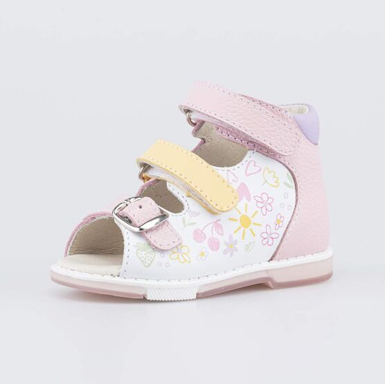 022162-29 Кожаные сандалии для девочки Первые шаги для девочки розовый,белый,желтый