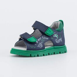 122233-21 Кожаные сандалии на липучках Игра для мальчики синий + зеленый