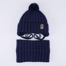 07704005-40 Теплый комплект шапка на завязках+снуд темно-синий для мальчики темно-синий