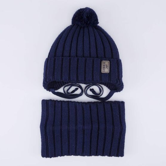 07704005-40 Теплый комплект шапка на завязках+снуд темно-синий для мальчики темно-синий