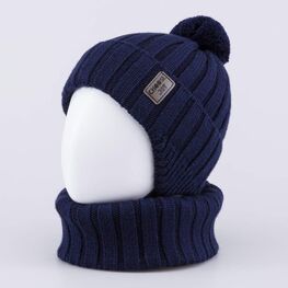 07704005-40 Теплый комплект шапка на завязках+снуд темно-синий для мальчики темно-синий фото №2