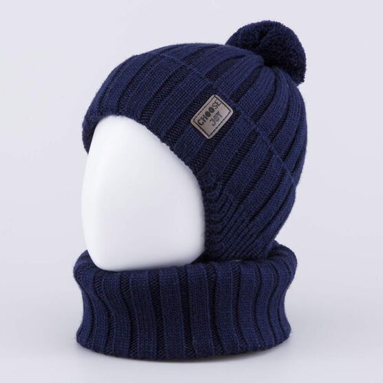 07704005-40 Теплый комплект шапка на завязках+снуд темно-синий для мальчики темно-синий фото №2