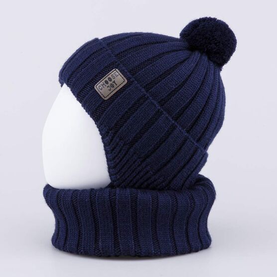 07704005-40 Теплый комплект шапка на завязках+снуд темно-синий для мальчики темно-синий фото №3
