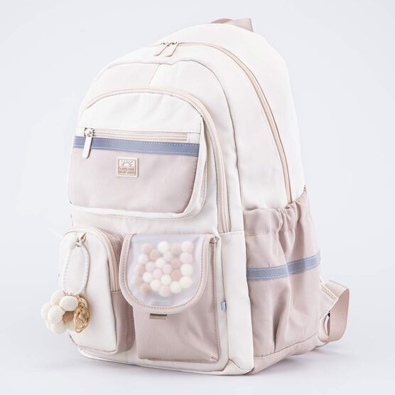 02804400-40 Рюкзак школьный Помпончики для девочки бежевый