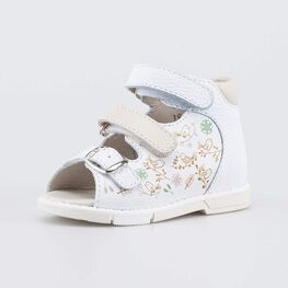 022162-21 Кожаные сандалии Первые шаги Сад птиц для девочки белый + бежевый