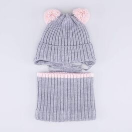 07804019-40 Зимний шерстяной комплект шапка с ушками + снуд для девочки сер-роз