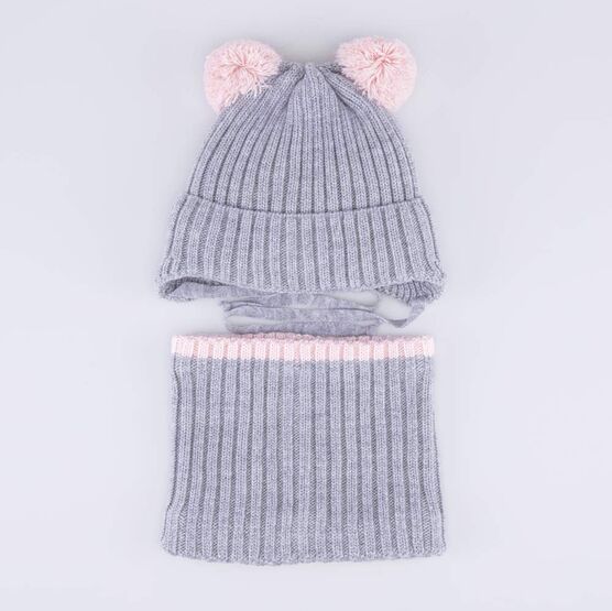 07804019-40 Зимний шерстяной комплект шапка с ушками + снуд для девочки сер-роз