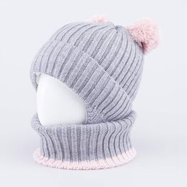 07804019-40 Зимний шерстяной комплект шапка с ушками + снуд для девочки сер-роз фото №2