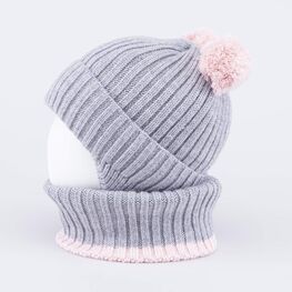 07804019-40 Зимний шерстяной комплект шапка с ушками + снуд для девочки сер-роз фото №3