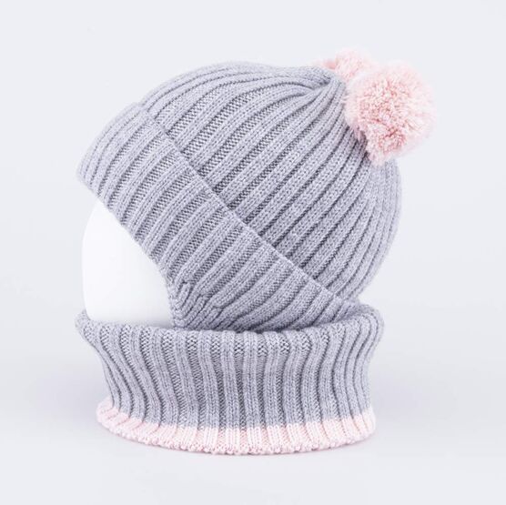 07804019-40 Зимний шерстяной комплект шапка с ушками + снуд для девочки сер-роз фото №3