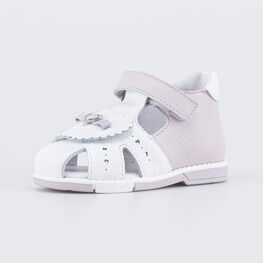 122245-21 Кожаные сандалии для девочки Бантик для девочки белый + сиреневый