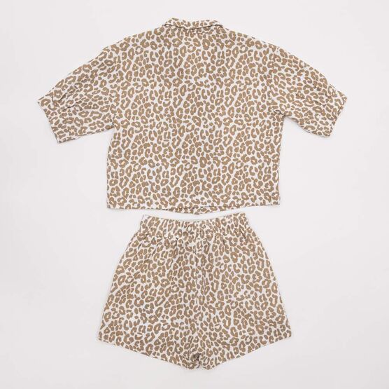 07864077-43 Костюм муслиновый рубашка + шорты для девочки Леопард для девочки бежевый фото №2