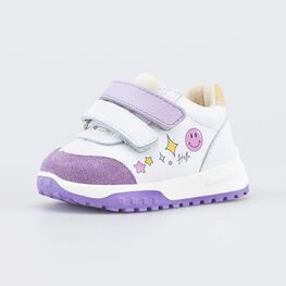 042005-12 Кожаные кроссовки Смайл для девочки белый + сиреневый