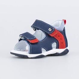 122203-21 Кожаные сандалии на липучках для мальчики син-кра-гол