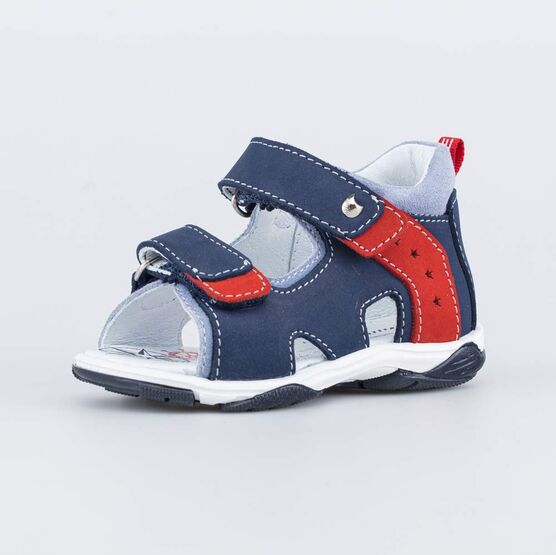 122203-21 Кожаные сандалии на липучках для мальчики син-кра-гол