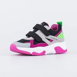 344441-14 Кожаные кроссовки с липучками для девочки чер-сер-роз