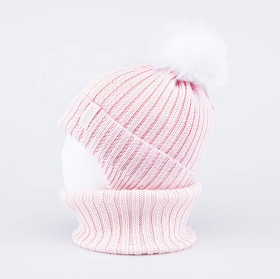 07804015-40 Зимний шерстяной комплект шапка + снуд для девочки для девочки розовый фото №3