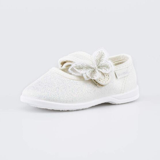 231286-12 Праздничные текстильные туфли Бабочка для девочки беж-зол