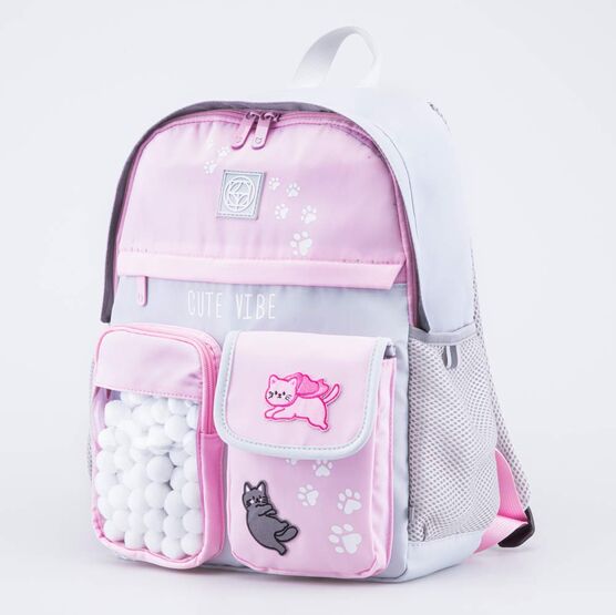 02804390-40 Рюкзак школьный Помпончики для девочки серый + розовый фото №2