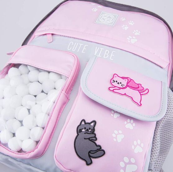 02804390-40 Рюкзак школьный Помпончики для девочки серый + розовый фото №5