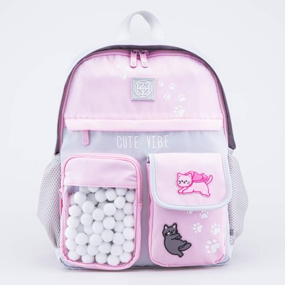 02804390-40 Рюкзак школьный Помпончики для девочки серый + розовый