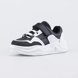 344521-72 Черные кожаные кроссовки на липучке для мальчики черный + белый