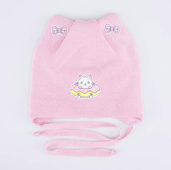 07811927-40 Шапка на завязках Кот-пончик розовый для девочки розовый фото №4
