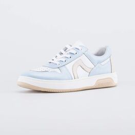 732382-21 Кожаные полуботинки на шнурках для девочки бежевый + голубой