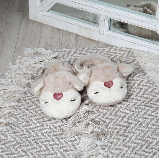 731160-11 Пушистые тапочки для подростков Олени для девочки бежевый фото №7