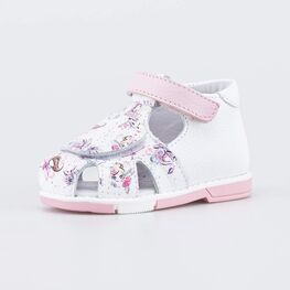 022153-24 Кожаные сандалии Первые шаги Дюймовочка для девочки белый + розовый