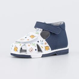022153-26 Кожаные сандалии Первые шаги Зоопарк для мальчики белый + синий