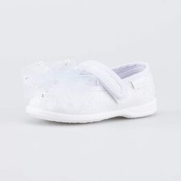 231266-12 Нарядные туфли с бантиком для девочки белый + серебристый