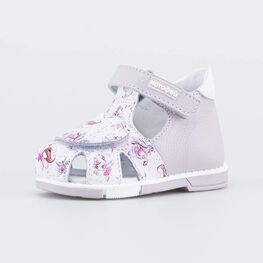 022153-23 Кожаные сандалии Первые шаги Дюймовочка для девочки белый + сиреневый