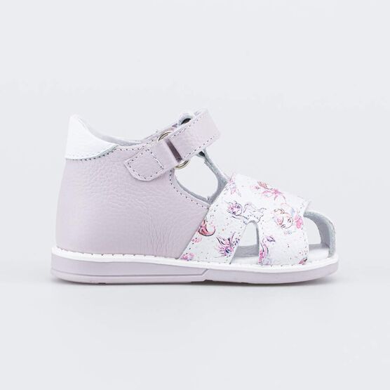 022153-23 Кожаные сандалии Первые шаги Дюймовочка для девочки белый + сиреневый фото №2