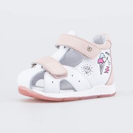 022136-28 Кожаные сандалии Первые шаги Пломбир для девочки белый + розовый