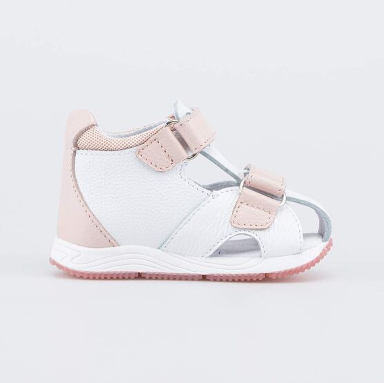 022136-28 Кожаные сандалии Первые шаги Пломбир для девочки белый + розовый фото №2