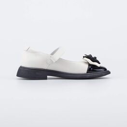 532329-22 Школьные туфли с бантом для девочки беж-чер фото №2