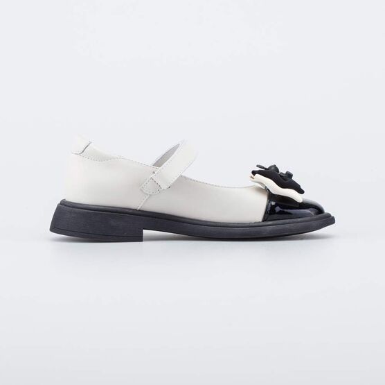 532329-22 Школьные туфли с бантом для девочки беж-чер фото №2