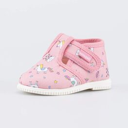 131203-11 Текстильная обувь для первых шагов Единороги для девочки розовый