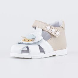 122237-21 Кожаные сандалии с регулируемым ремешком Овечка для девочки белый + бежевый