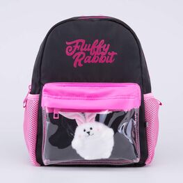 02810351-40 Детский рюкзак с игрушкой Пушистый кролик для девочки черный,розовый