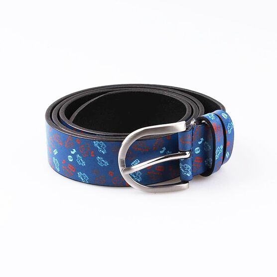 03704020-10 Ремень кожаный для мальчика Машинки для мальчики синий